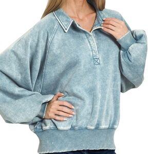 Women’s Blue/Grey Cozy Acid Wash Balloon Sleeve Fleece Sweatshirt NWT